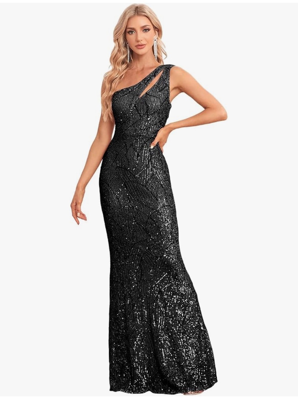 Black One-Shoulder Sequin Mermaid Evening Dress